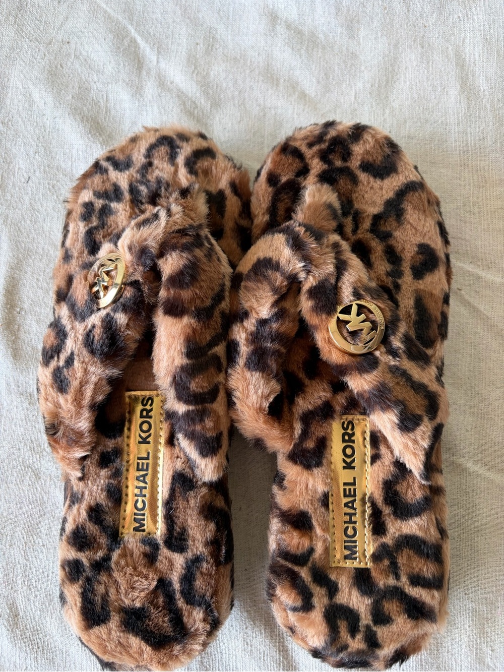 Michael Kors Leopard Print Faux Fur Slides with Gold Logo